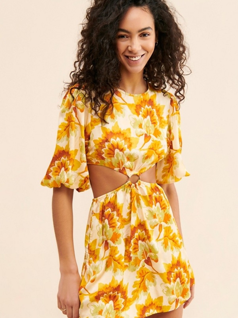 Suboo Floral Cutout Mini Dress w/ Open Back - Yellow, Cream, Orange - Small